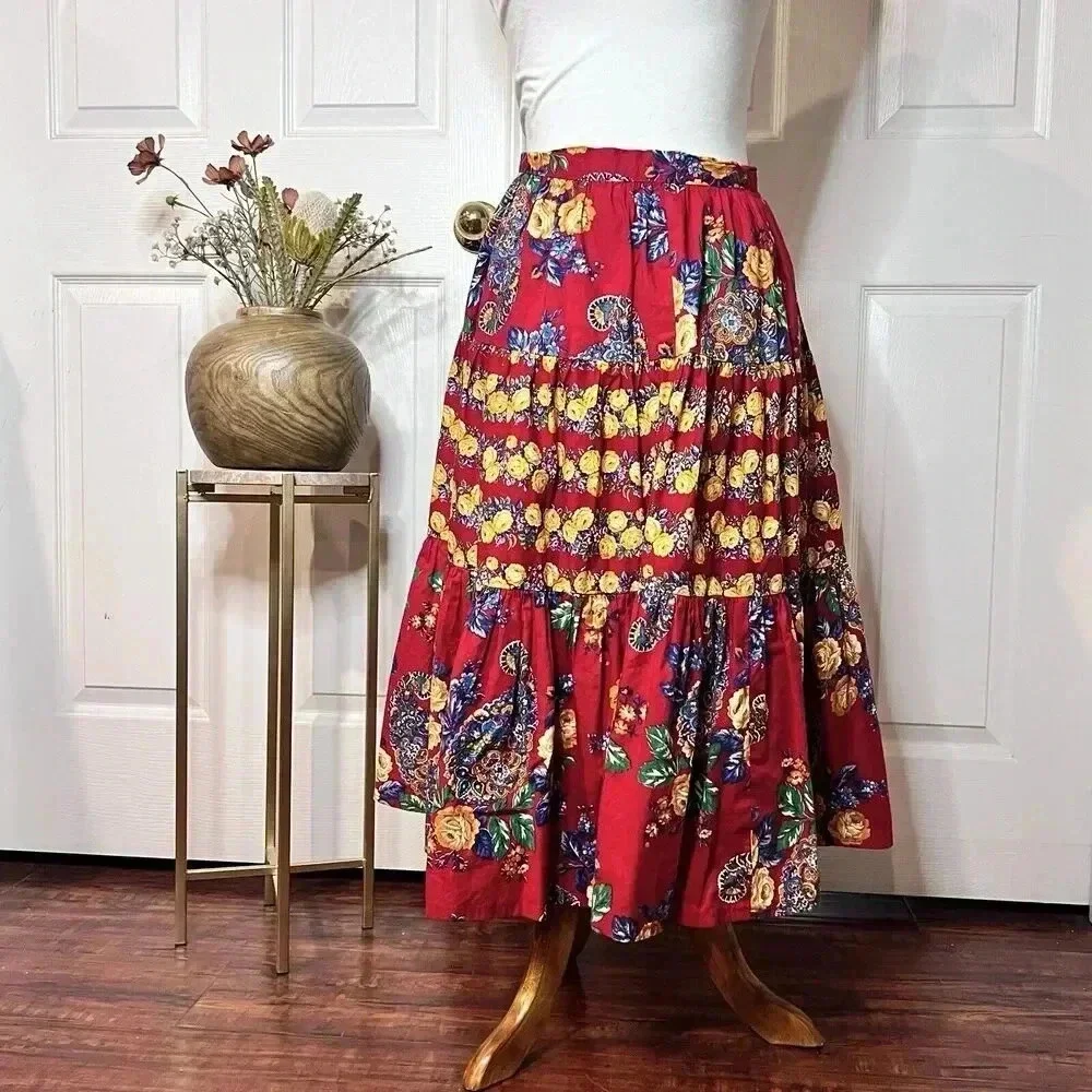 Vintage Womens Floral Handmade Tiered Skirt Waist 26 Cottagecore Prairie Country